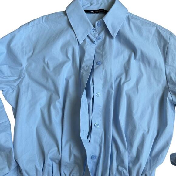 Zara Elastic Hem Poplin Cropped Shirt Light Blue XS - Picture 5 of 9